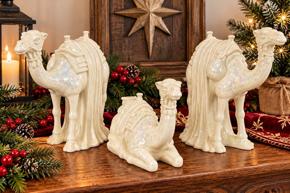 Vintage 1996 Pearlized Ceramic Nativity Camels Set of 3 Christmas Decor